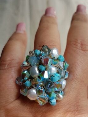 Swarovski Elements Large Turquoise Blue Cluster Statement Ring Handmade NEW